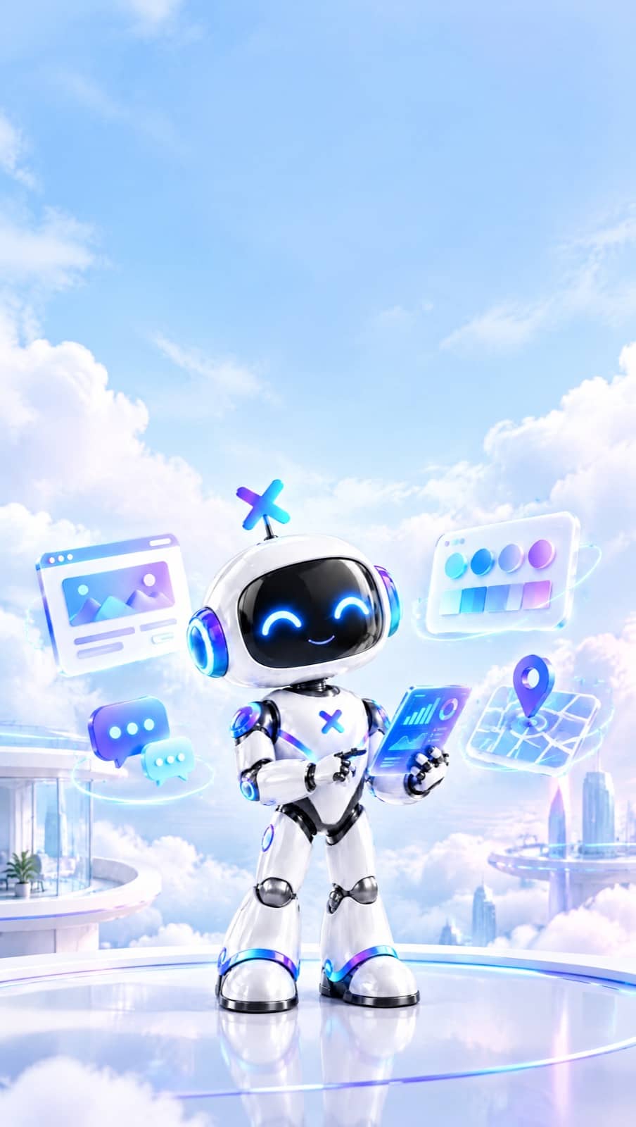 Oficina luminosa sobre las nubes donde la mascota robot de Luxora y sus copias presentan un sitio web, organizan una marca, conectan chats automáticos y señalan un mapa