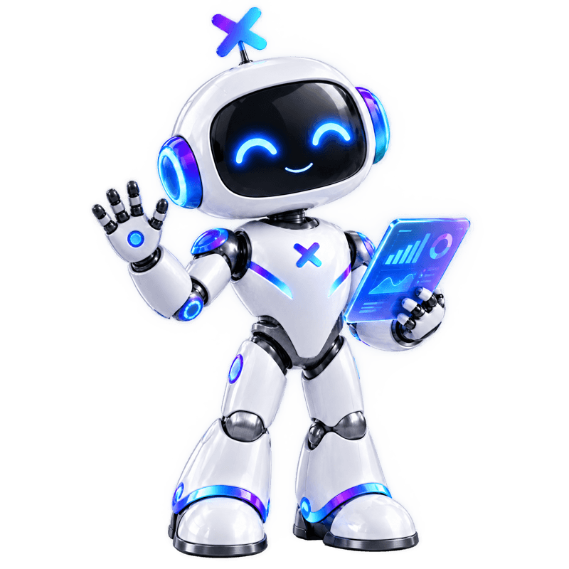 La mascota de Luxora, un robot blanco con antena en forma de X, saludando con una tablet en la mano