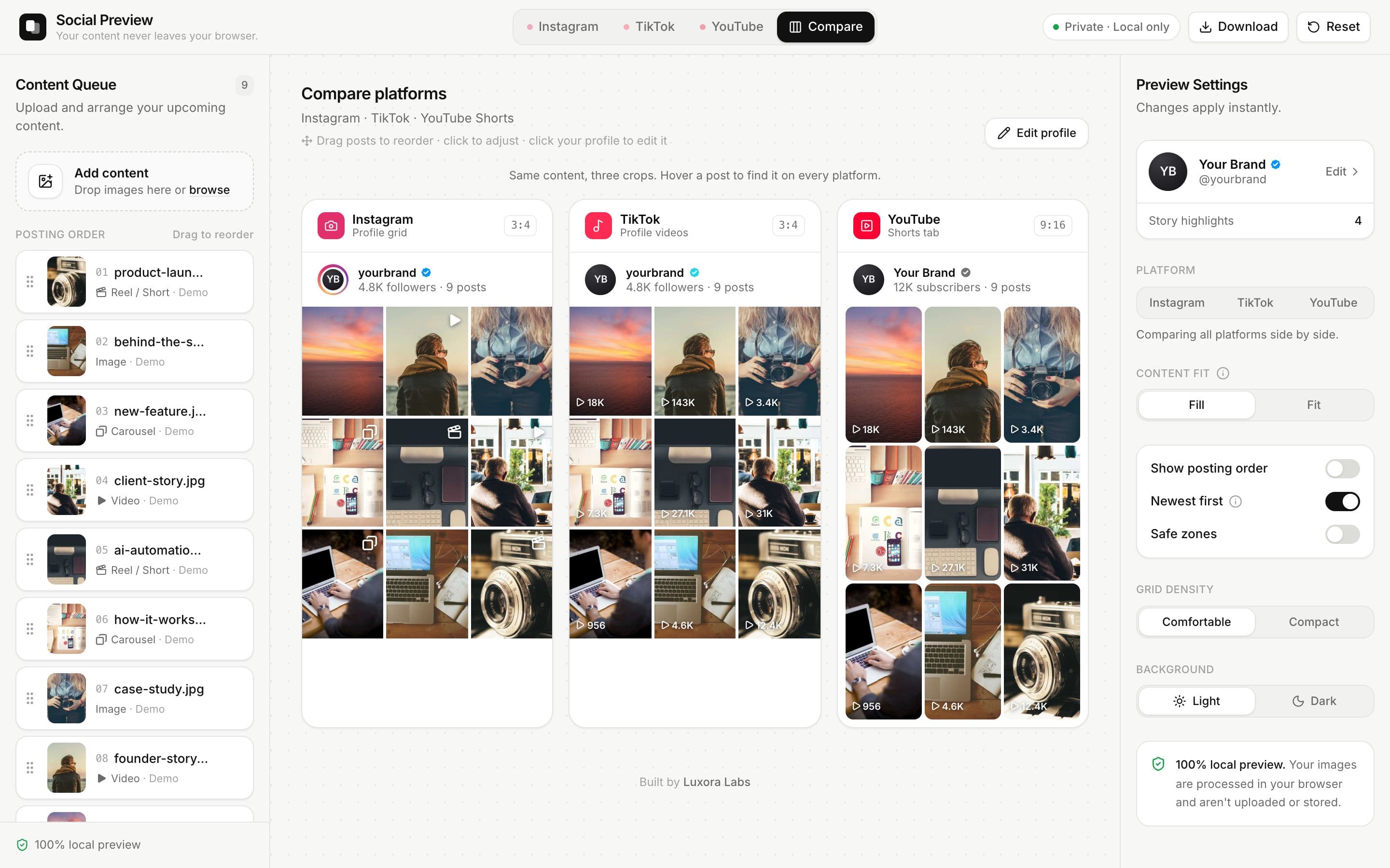 Vista Comparar de Social Preview: las mismas publicaciones recortadas para Instagram, TikTok y YouTube Shorts