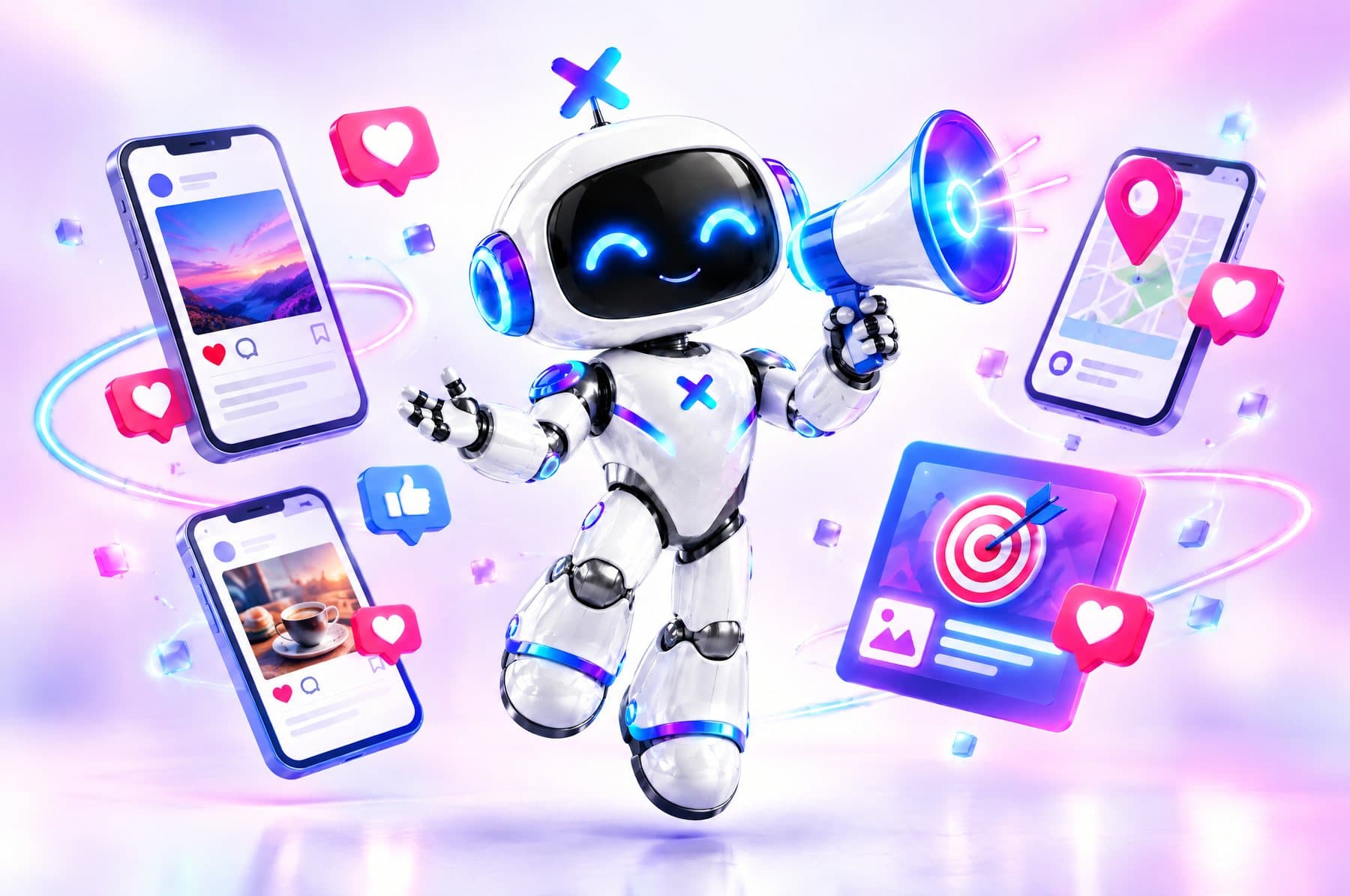 Lexi con un megáfono rodeado de celulares con publicaciones, likes y anuncios