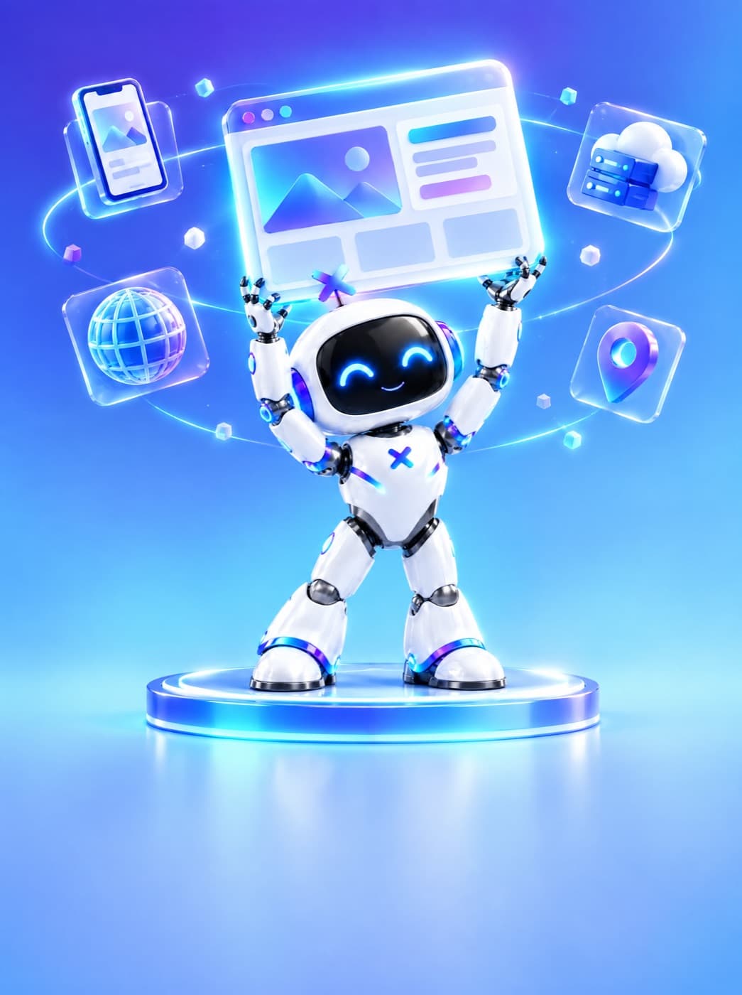 La mascota robot de Luxora levantando un sitio web flotante como un trofeo, rodeada de un celular, un dominio, la nube y un pin de ubicación