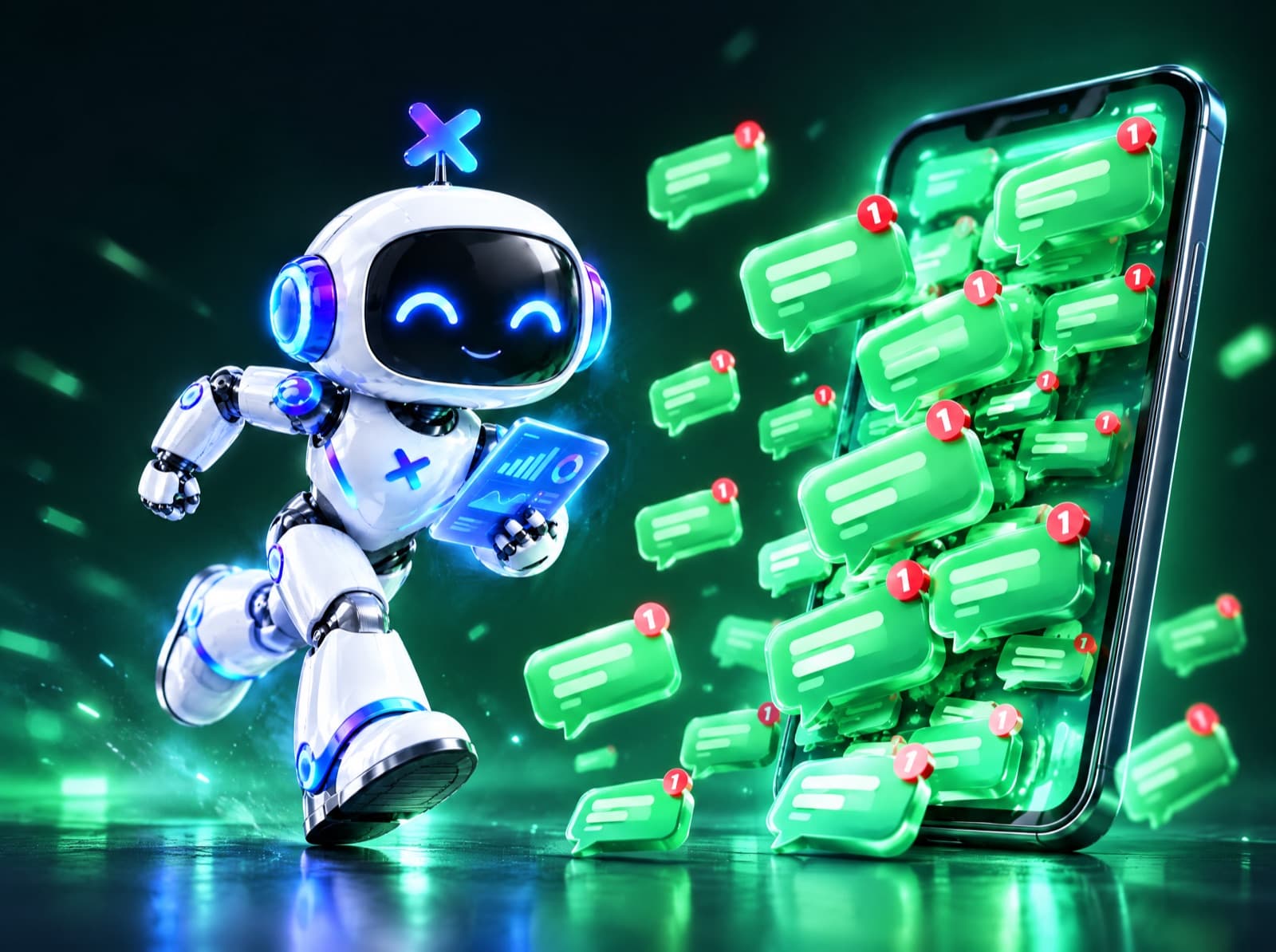 Celular desbordado de mensajes sin responder y la mascota robot de Luxora corriendo a atenderlos