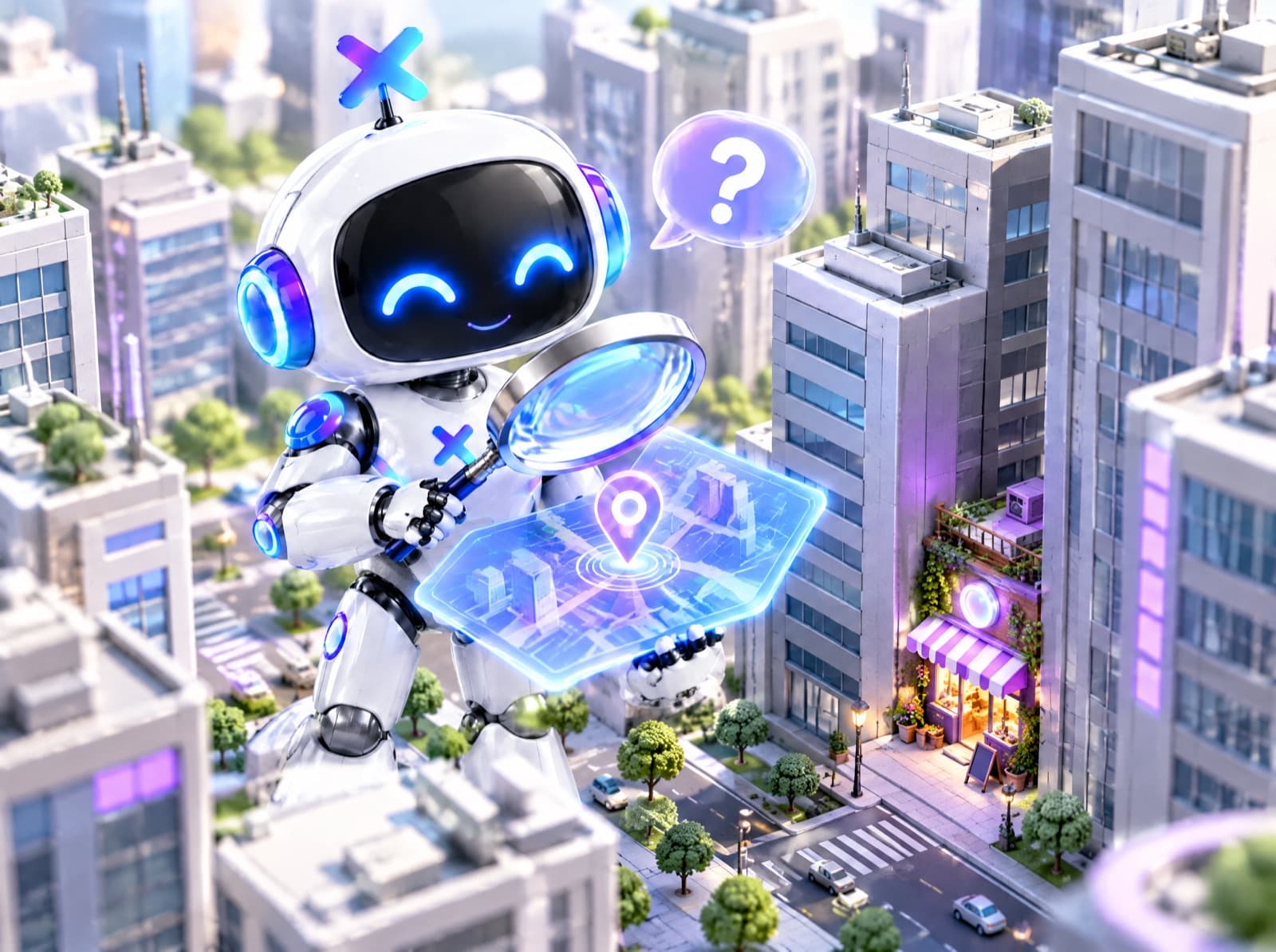 La mascota robot de Luxora con una lupa busca en un mapa una pequeña tienda escondida entre edificios grandes