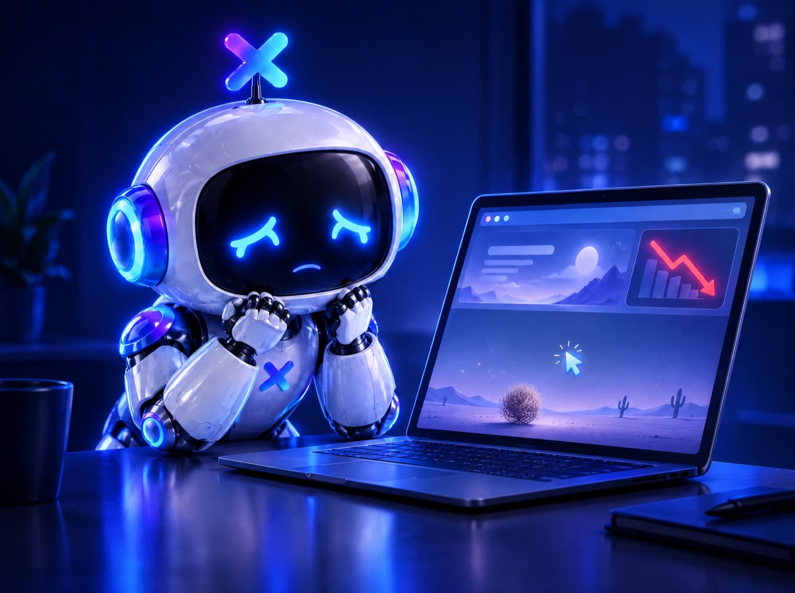 La mascota robot de Luxora preocupada frente a una laptop con un sitio vacío y un gráfico de ventas que cae