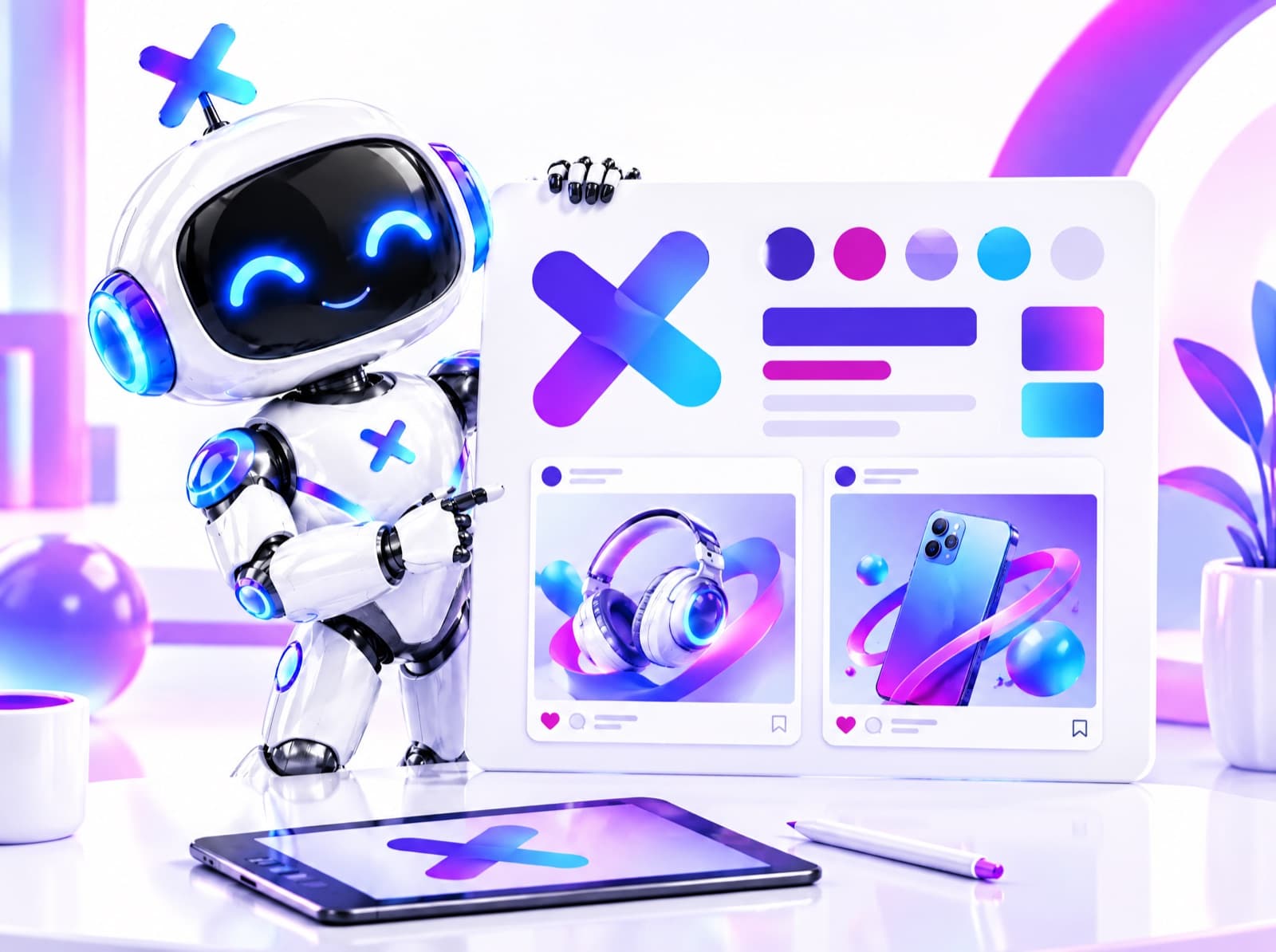 La mascota robot de Luxora presentando un tablero con logo, paleta de colores y publicaciones para redes