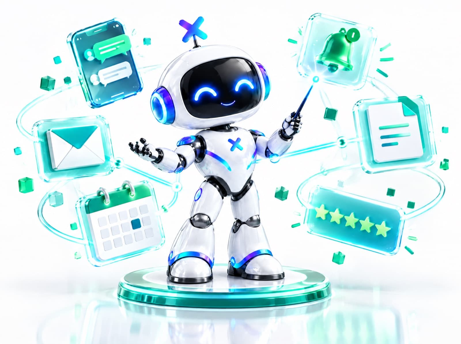 La mascota robot de Luxora dirigiendo flujos automáticos que conectan chat, correo, calendario, avisos, documentos y reseñas