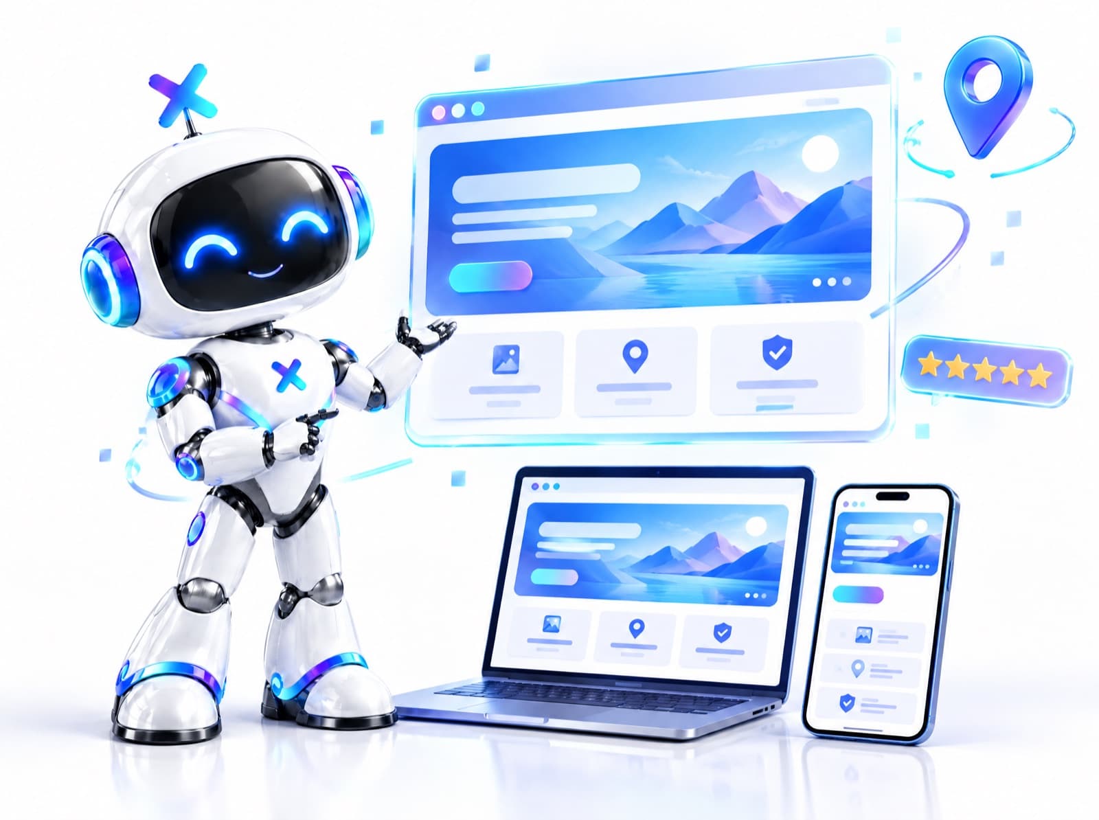 La mascota robot de Luxora presentando un sitio web moderno en una pantalla grande, junto a una laptop y un celular
