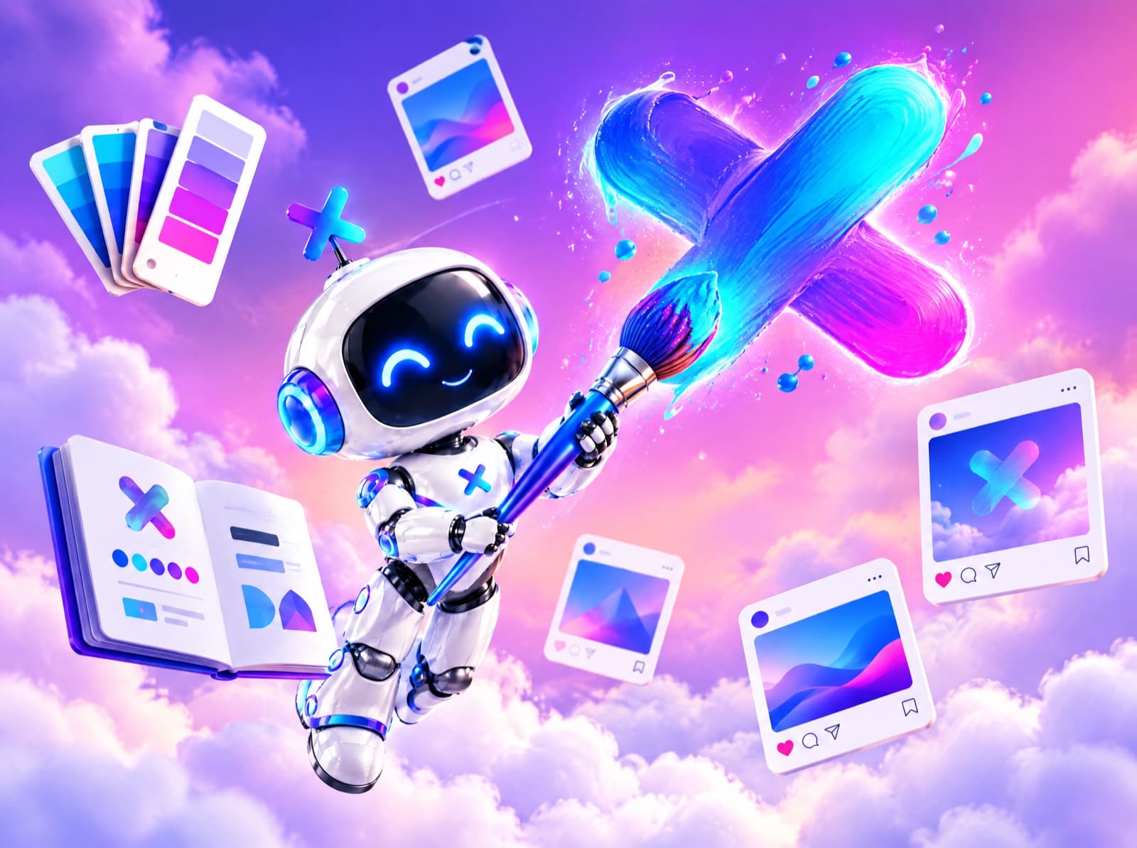 La mascota robot de Luxora pintando un logo sobre las nubes, rodeada de paletas de color, un manual de marca y publicaciones para redes