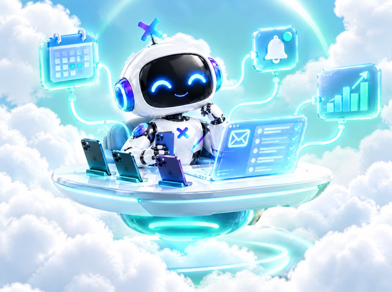 La mascota robot de Luxora en un escritorio sobre las nubes, manejando celulares y correos conectados a un flujo automático