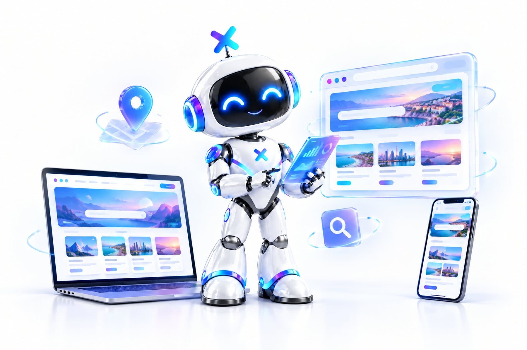 Lexi, la mascota de Luxora, junto a un sitio web flotante, una laptop y un celular con la misma página, y un pin de ubicación