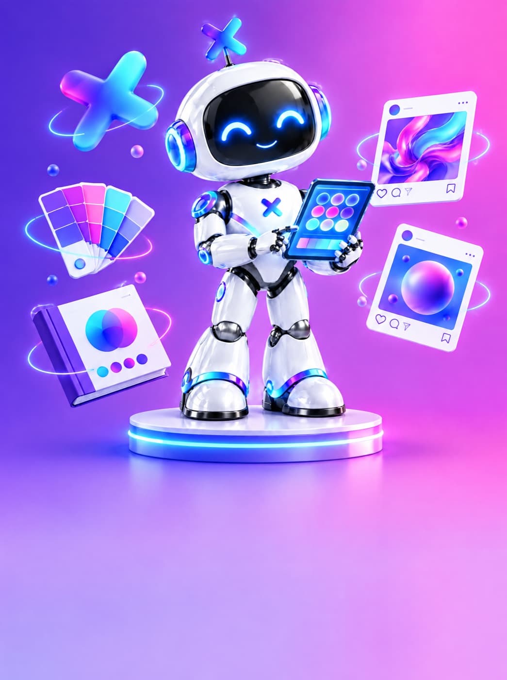 La mascota robot de Luxora rodeada de un kit creativo: logo, muestras de color, manual de marca y publicaciones para redes