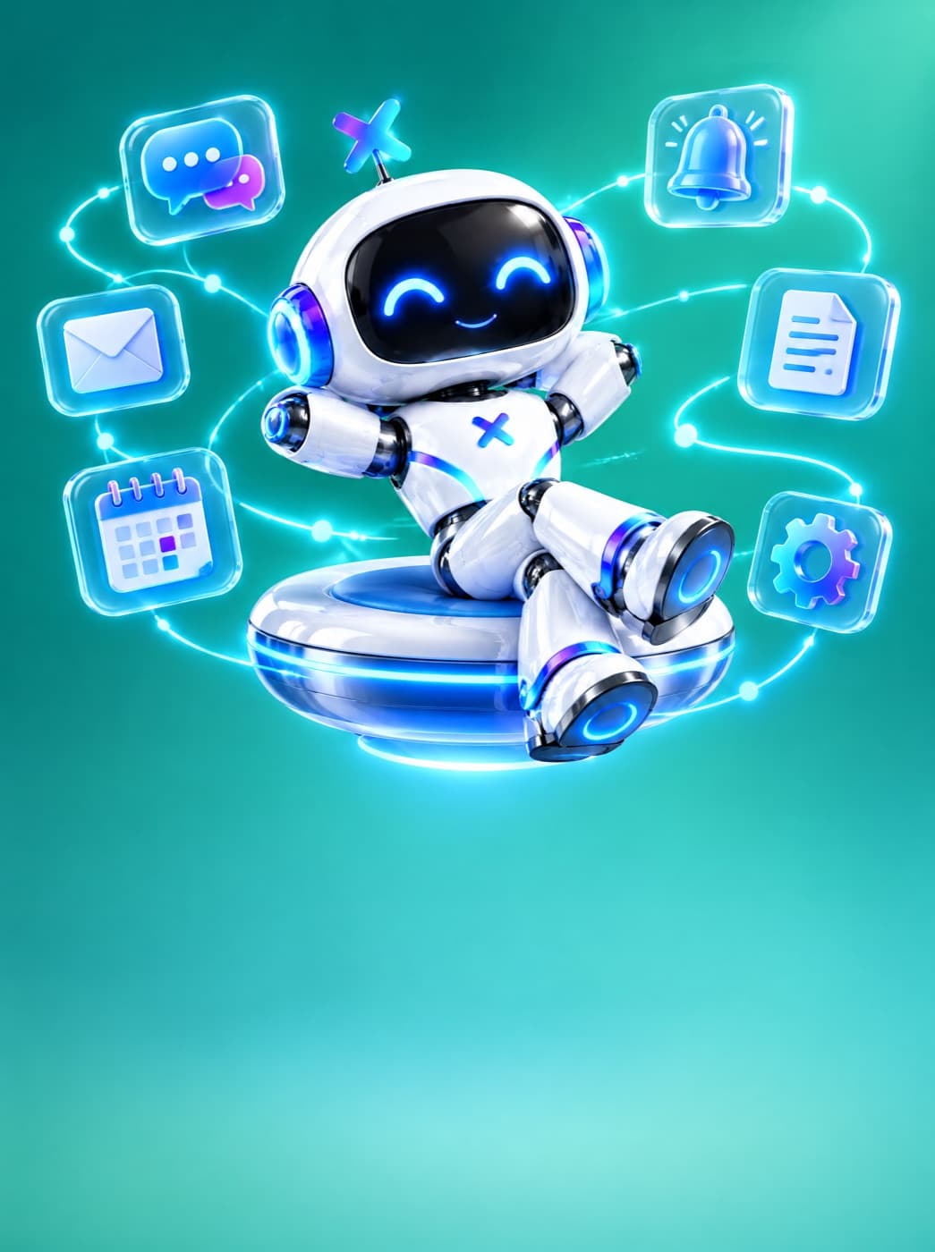La mascota robot de Luxora tranquila mientras líneas de automatización conectan chats, correo, calendario, avisos y documentos