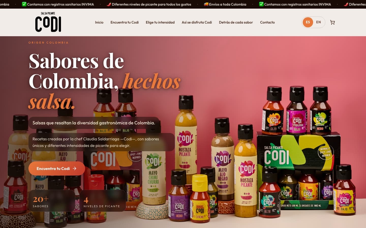 Página de inicio real de salsascodi.com, tienda en línea de salsas picantes Codi