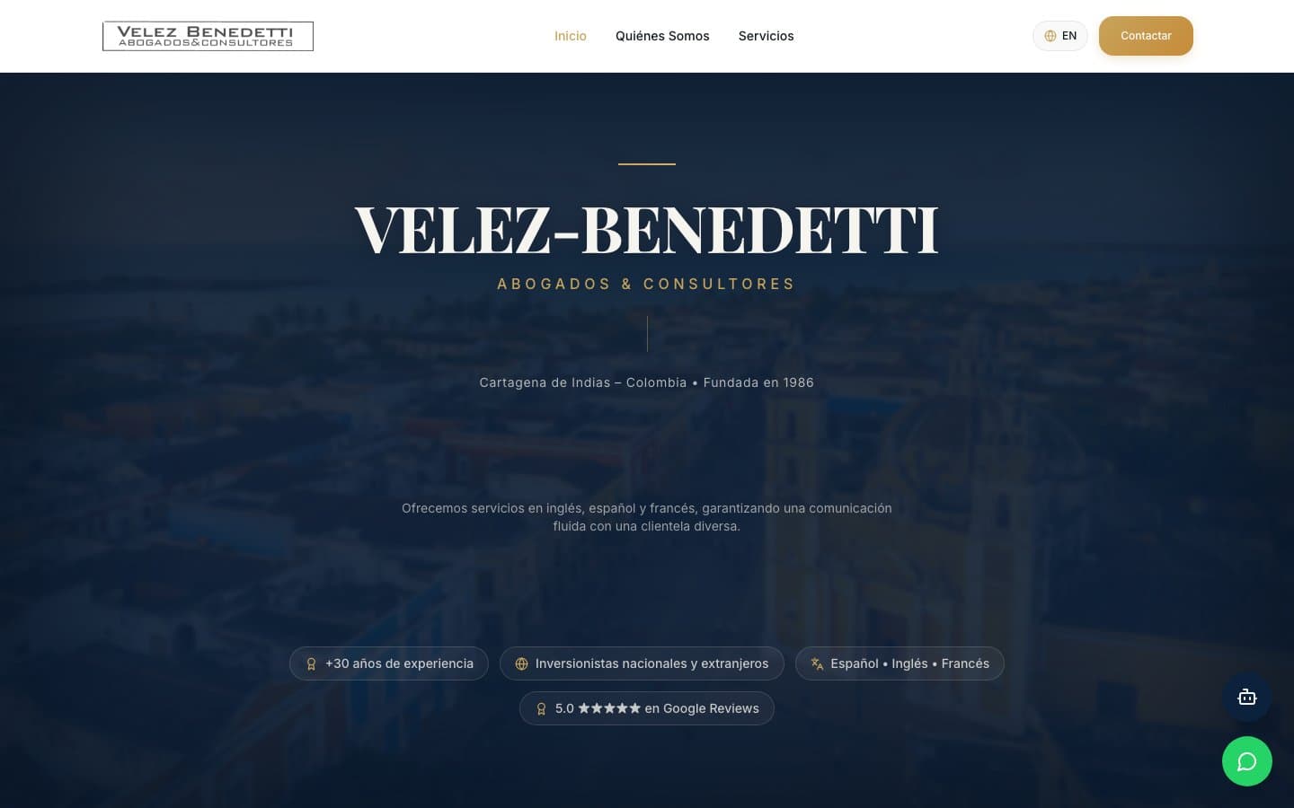 Página de inicio real de velezbenedetti.com, firma de abogados y consultores en Cartagena