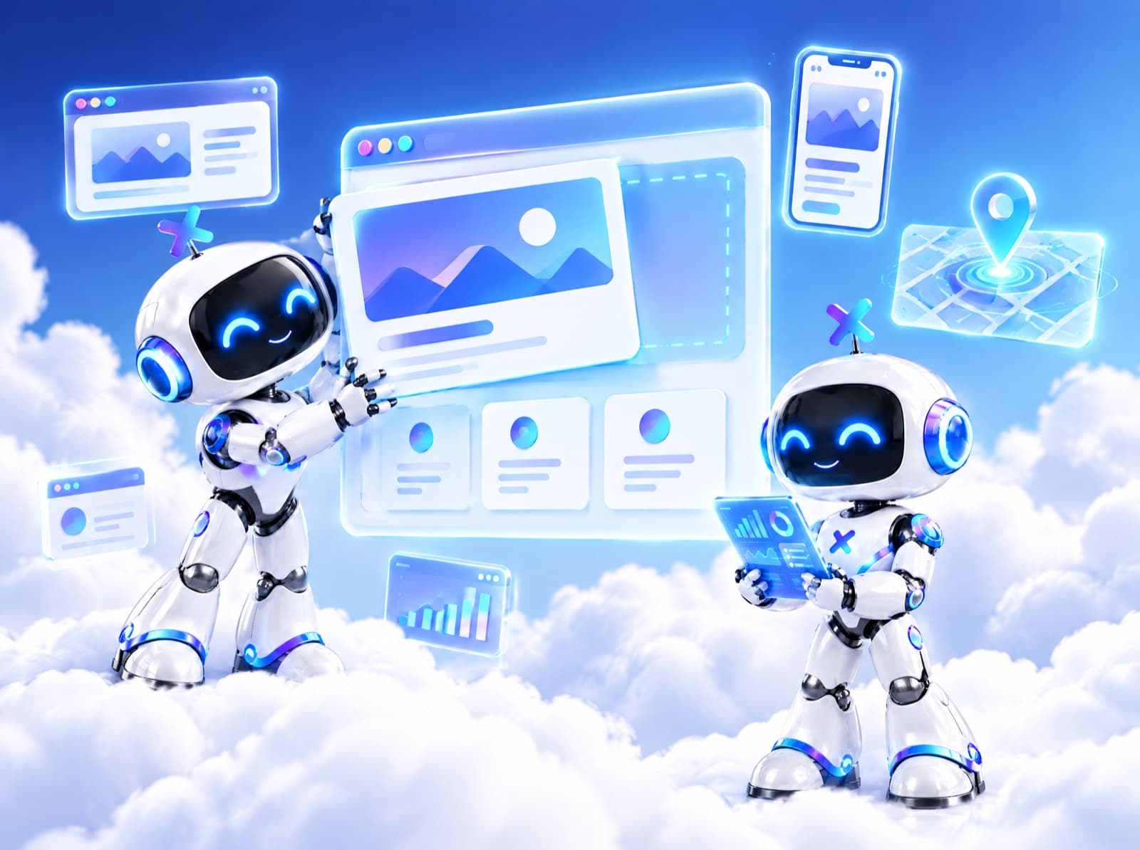 Dos robots de Luxora construyendo un sitio web sobre las nubes